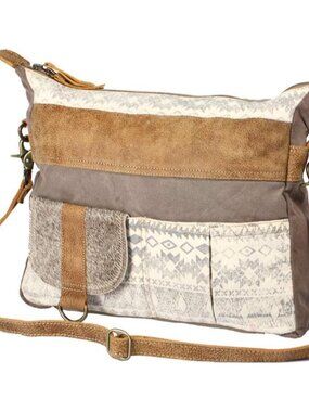Canvas Mexican Bag - Fabric Boho Purses for Women with Genuine Leather Detailing